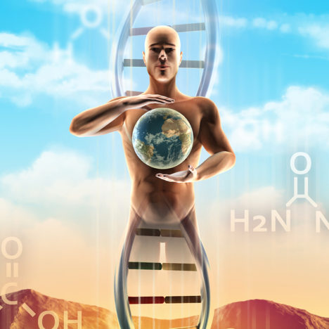 Origins of life: from simple molecules to dna. An human being materialize from dna and holds the Earth between its hands. Digital illustration. (Credit: Depositphoto Life creation @ Andreus)