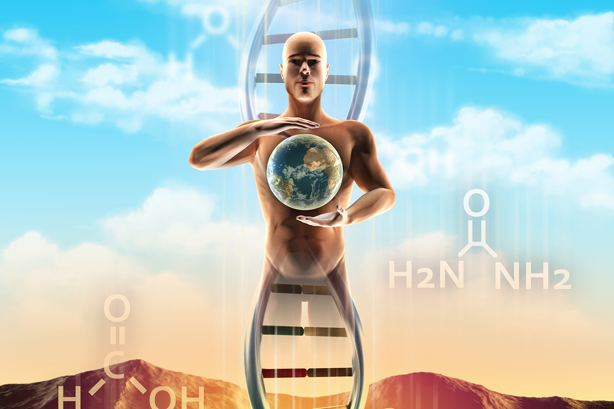Origins of life: from simple molecules to dna. An human being materialize from dna and holds the Earth between its hands. Digital illustration. (Credit: Depositphoto Life creation @ Andreus)